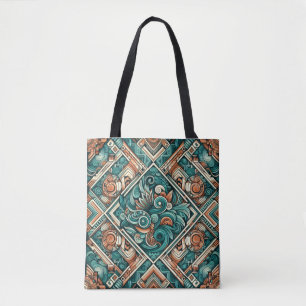 Aztec-Inspired Teal and Terracotta Pattern Tote Bag