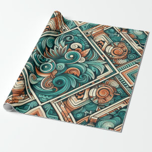 Aztec-Inspired Teal and Terracotta Pattern Wrapping Paper