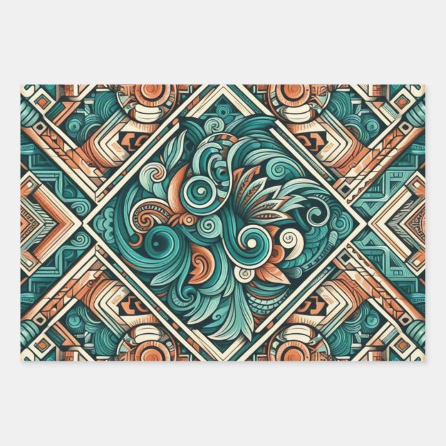Aztec-Inspired Teal and Terracotta Pattern Wrapping Paper Sheet (Front)