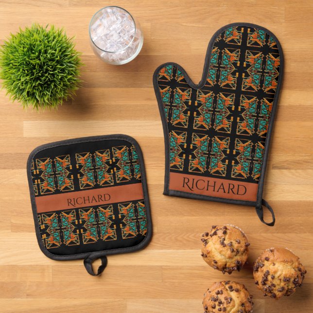 Aztec Mandala Personalised Oven Mitt & Pot Holder Set (Top Down)