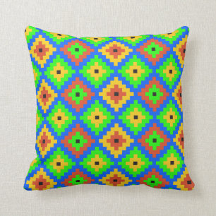 Aztec Mayan Brick Pattern Green, Blue, Yellow Cushion