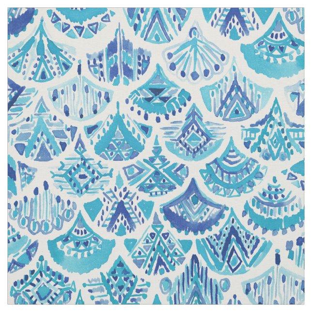 AZTEC MERMAID Tribal Scallop Nautical Pattern Fabric (Swatch)