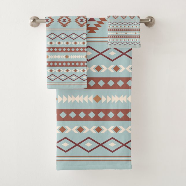 Aztec Mixed Motif Pattern Rusts Cream Blue Bath Towel Set (Insitu)