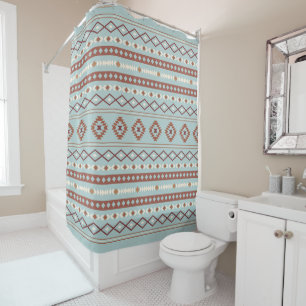 Aztec Mixed Motif Pattern Rusts Cream Blue Shower Curtain