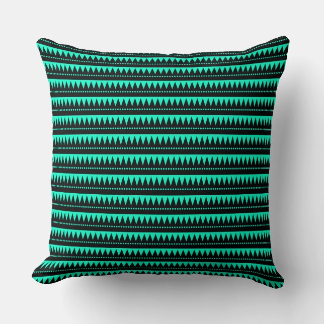 Aztec Mountains - Black on Turquoise Cushion (Front)