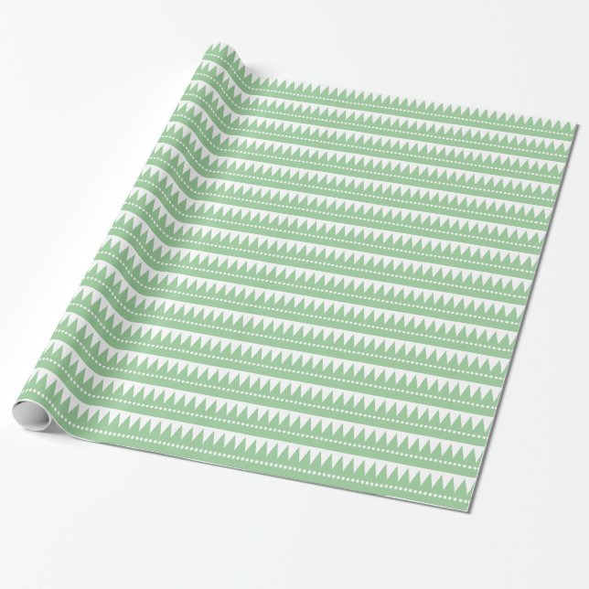Aztec Mountains - Faded Green on White Wrapping Paper (Unrolled)