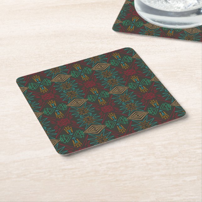 Aztec Native American Geometric Lined Pattern Art Square Paper Coaster (Angled)