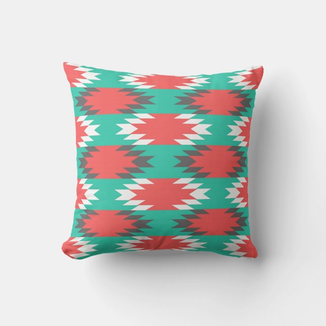 Aztec Native American Turquoise and Pink Pattern Cushion (Front)