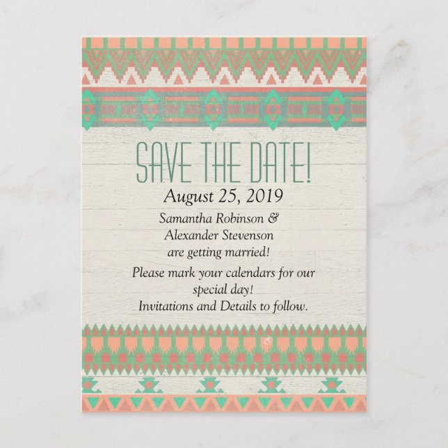 Aztec Native Pastel Peach/Aqua Save the Date Announcement Postcard (Front)