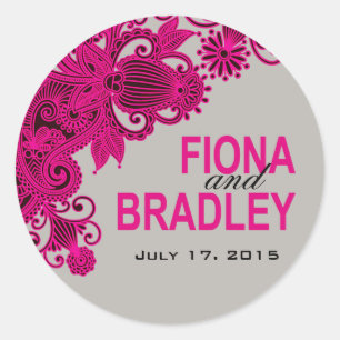 Aztec Paisley - fuschia grey Classic Round Sticker