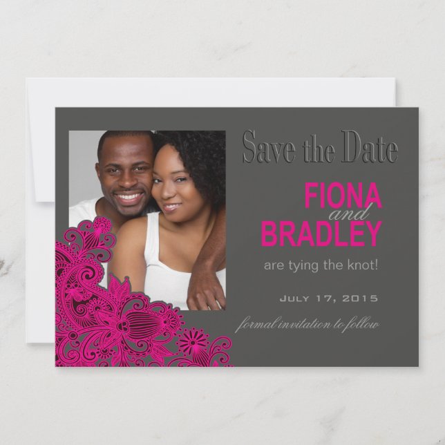 Aztec Paisley Photo Save the Date fuschia (Front)