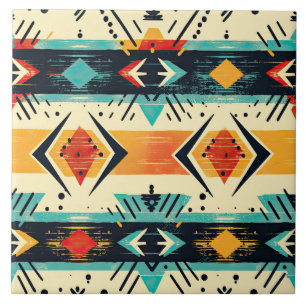 Aztec pattern retro geometric abstract teal orange ceramic tile