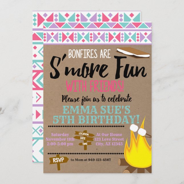 Aztec Pink Teal S'more fun with friends Birthday Invitation (Front/Back)