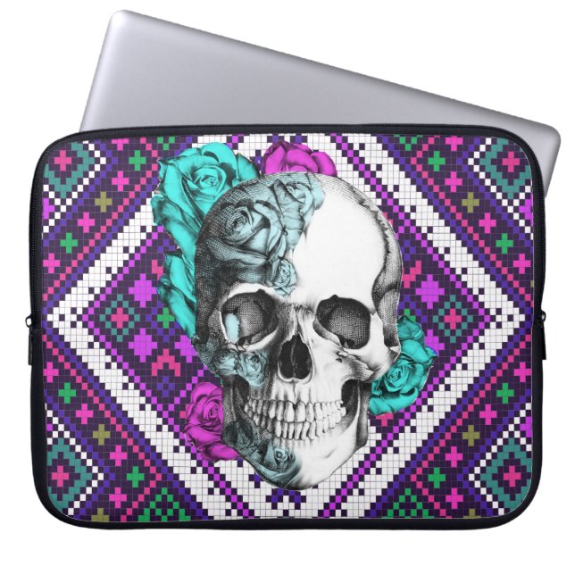 Aztec Rose skull on pixel pattern Laptop sleeve. Sleeve (Front)