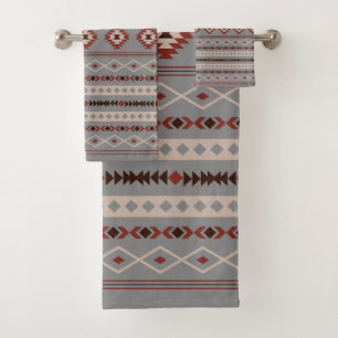 Aztec Rust Cream Brown Gray Mixed Motifs Pattern Bath Towel Set