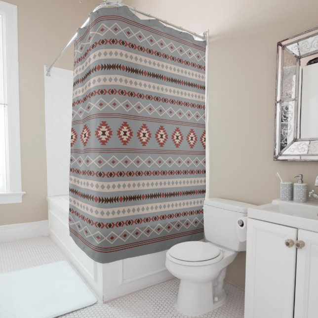 Aztec Rust Cream Brown Grey Mixed Motifs Pattern Shower Curtain (In Situ)