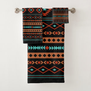 Aztec Rusts Teal Black Mixed Motifs Pattern Bath Towel Set