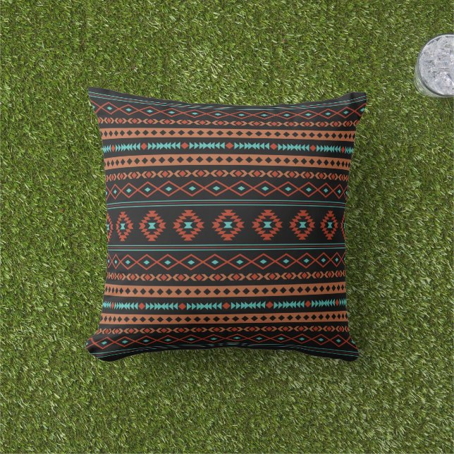 Aztec Rusts Teal Black Mixed Motifs Pattern Cushion (Grass)