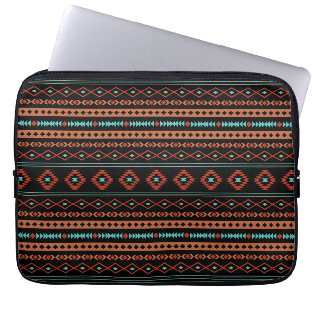 Aztec Rusts Teal Black Mixed Motifs Pattern Laptop Sleeve (Front)