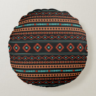 Aztec Rusts Teal Black Mixed Motifs Pattern Round Cushion