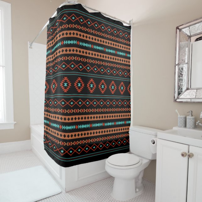 Aztec Rusts Teal Black Mixed Motifs Pattern Shower Curtain (In Situ)