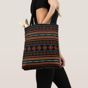 Aztec Rusts Teal Black Mixed Motifs Pattern Tote Bag