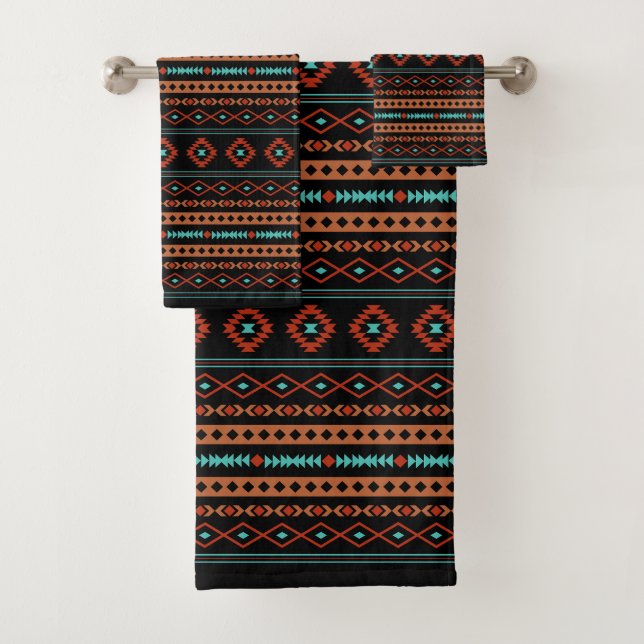 Aztec Rusts Teal Black Mixed Motifs Rpt Pattern Bath Towel Set (Insitu)