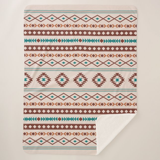 Aztec Rusts Teal Cream Mixed Motifs Pattern Sherpa Blanket (Front)