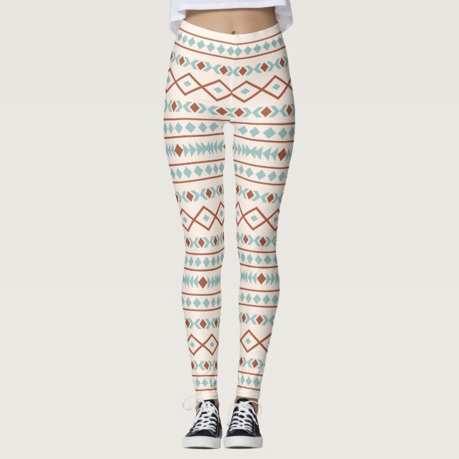 Aztec Shapes Lg Pattern Rust Teal Cream Leggings (Front)