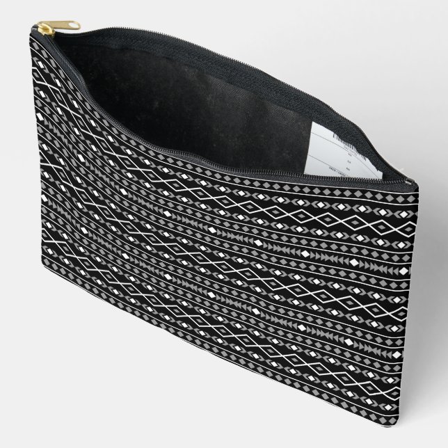 Aztec Shapes Pattern Grey White Black Accessory Pouch (Open)