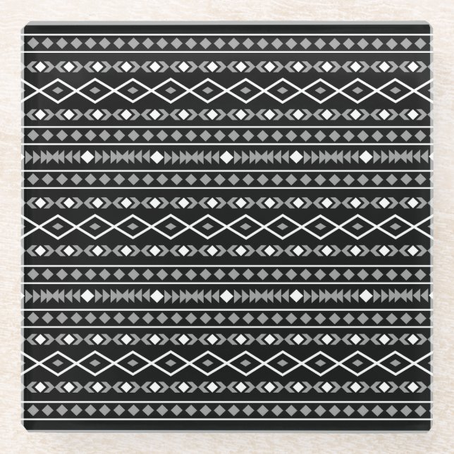 Aztec Shapes Pattern Grey White Black Glass Coaster (Front)