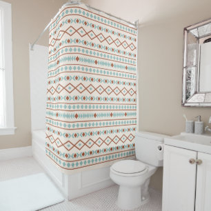 Aztec Shapes Pattern Rust Teal Cream Shower Curtain
