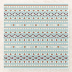 Aztec Shapes Pattern Rusts Cream Teal-Blue Glass Coaster