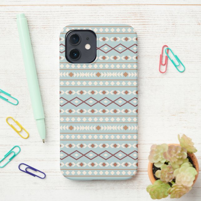 Aztec Shapes Pattern Rusts Cream Teal-Blue iPhone Case (On Desk)