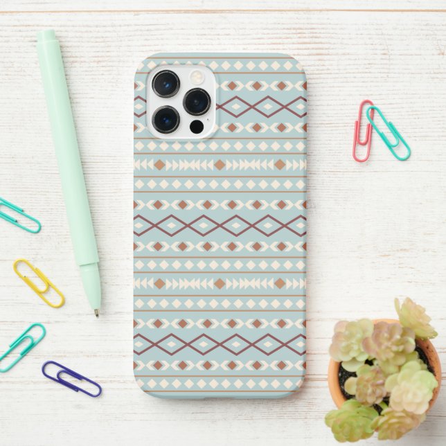 Aztec Shapes Pattern Rusts Cream Teal-Blue iPhone Case (On Desk)