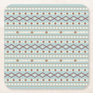 Aztec Shapes Pattern Rusts Cream Teal-Blue Square Paper Coaster