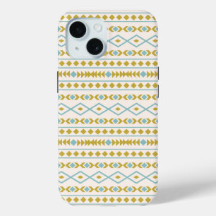 Aztec Shapes Pattern Teal Gold Cream iPhone 15 Case