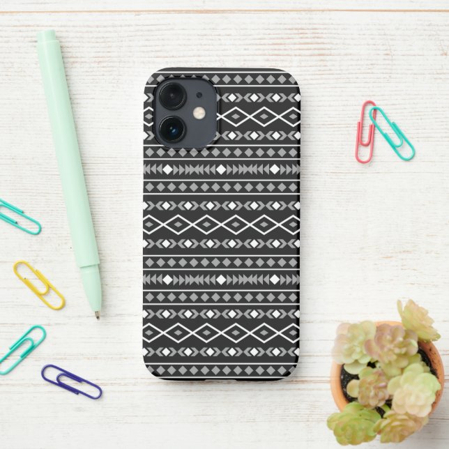 Aztec Shapes Pattern White Grey Black iPhone Case (On Desk)