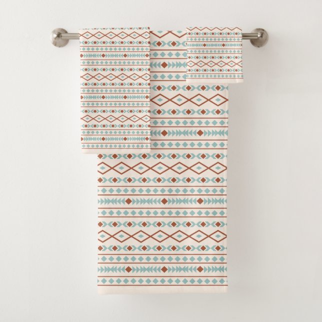 Aztec Shapes Rpt Pattern Rust Teal Cream Bath Towel Set (Insitu)
