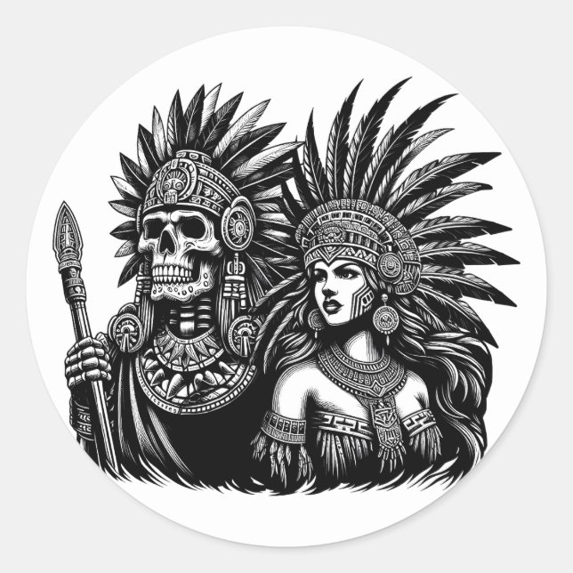 Aztec Skeleton Warrior with Princess woman art Classic Round Sticker (Front)