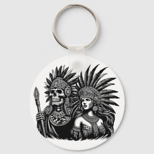 Aztec Skeleton Warrior with Princess woman art Key Ring