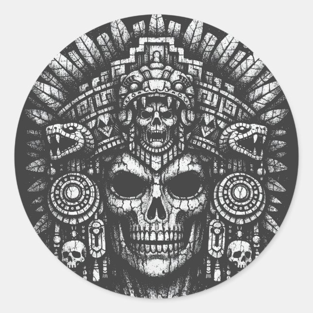 Aztec Skull Headdress by BurnsInHell Classic Round Sticker (Front)