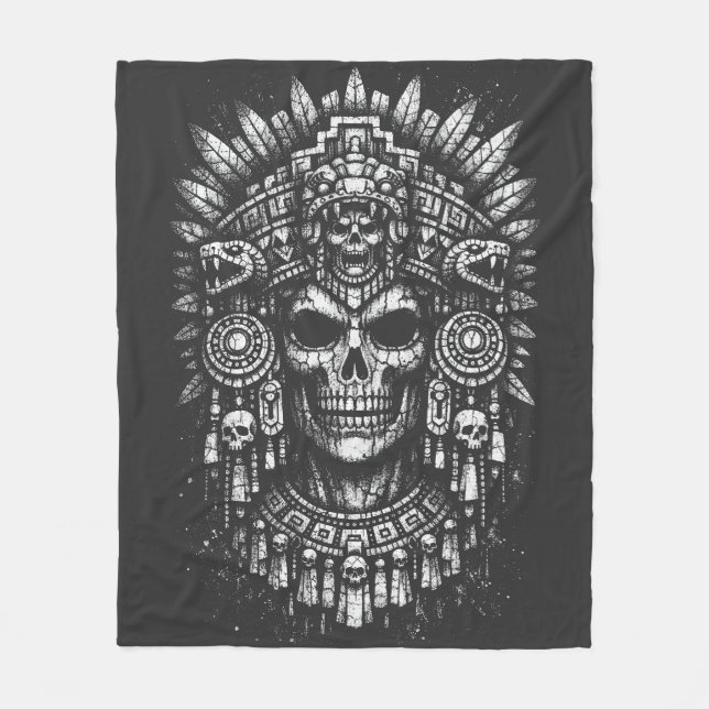 Aztec Skull Headdress by BurnsInHell Fleece Blanket (Front)