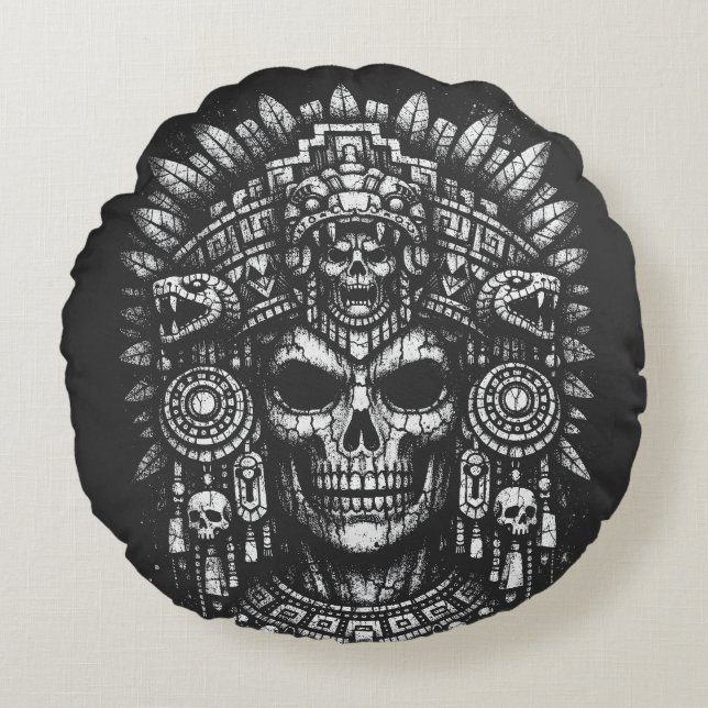Aztec Skull Headdress by BurnsInHell Round Cushion (Front)
