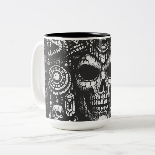 Aztec Skull Headdress by BurnsInHell Two-Tone Coffee Mug (Front Left)