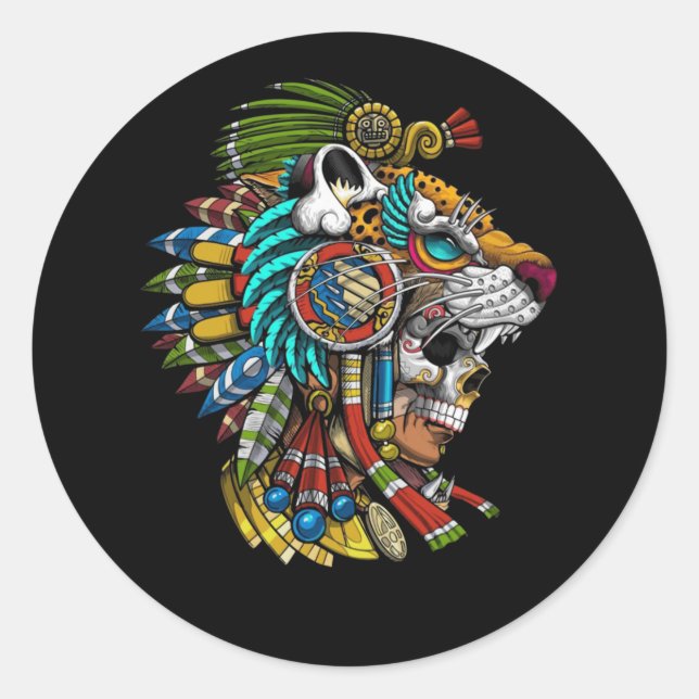Aztec Skull Jaguar Warrior Mask Ancient Mayan Classic Round Sticker (Front)