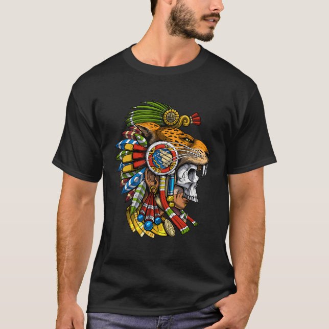 Aztec Skull Jaguar Warrior Mask Mayan T-Shirt (Front)