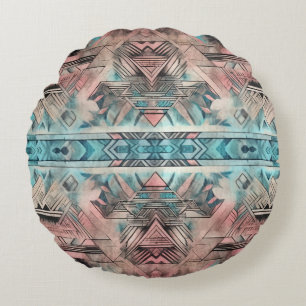 Aztec Southwestern Pastel Pink And Blue Round Cushion