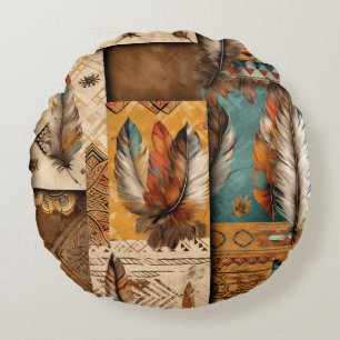Aztec Southwestern Tribal Feathers Round Cushion