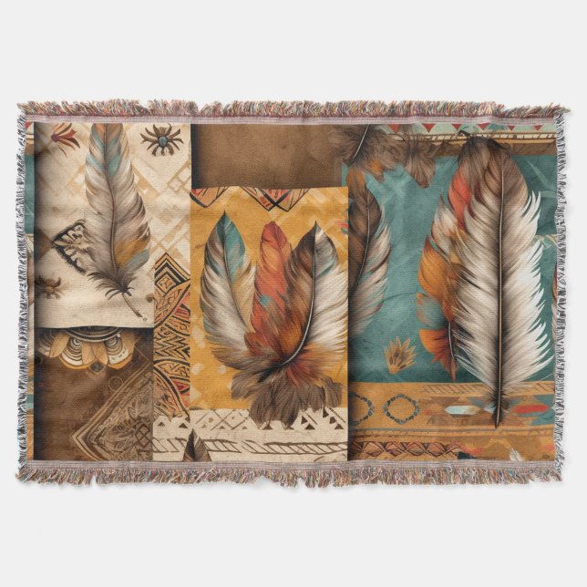 Aztec Southwestern Tribal Feathers Throw Blanket (Front)